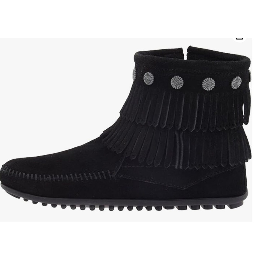 MINNETONKA Double Fringe Side Zip Boots BLACK NEW! Boho RETRO LOOK! 8 NEW NO BOX